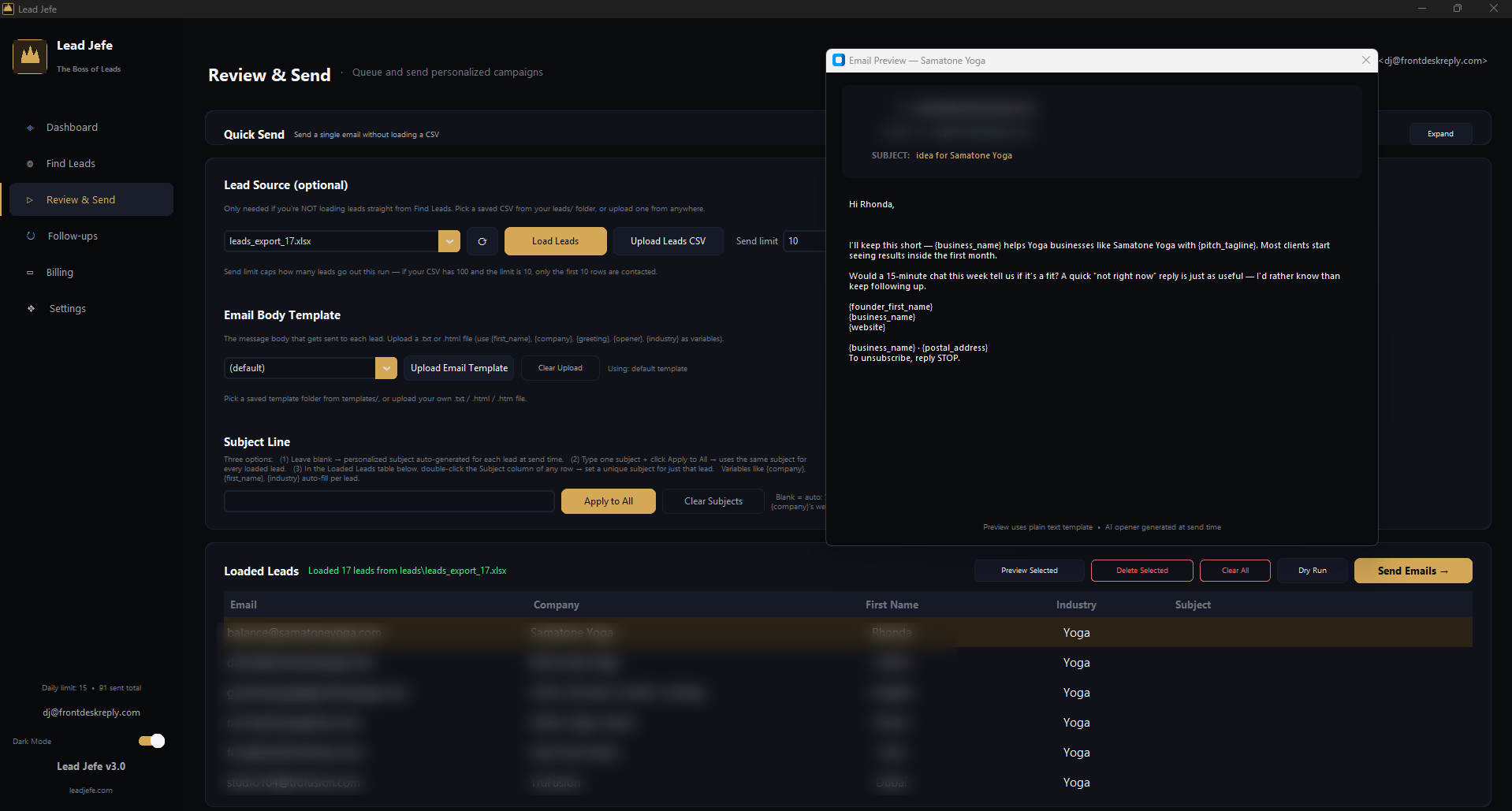 Lead Jefe AI cold email sender — review and send with personalized openers written by Claude