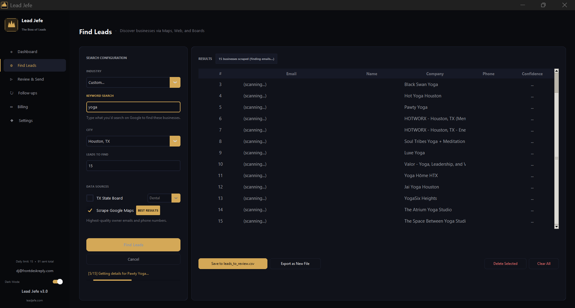 Lead Jefe Find Leads — scraping yoga studios in Houston TX in real time