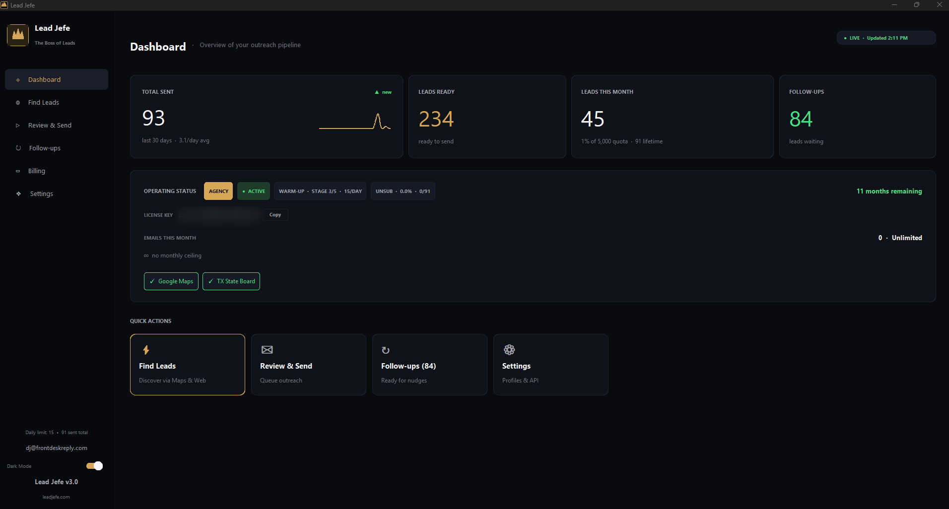 Lead Jefe Dashboard — live cold email pipeline with total sent, leads ready, follow-ups, and operating status